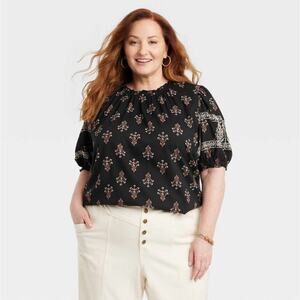 Knox Rose Women's Embroidered Puff Sleeve Floral Boho Pullover Top Size XL Black
